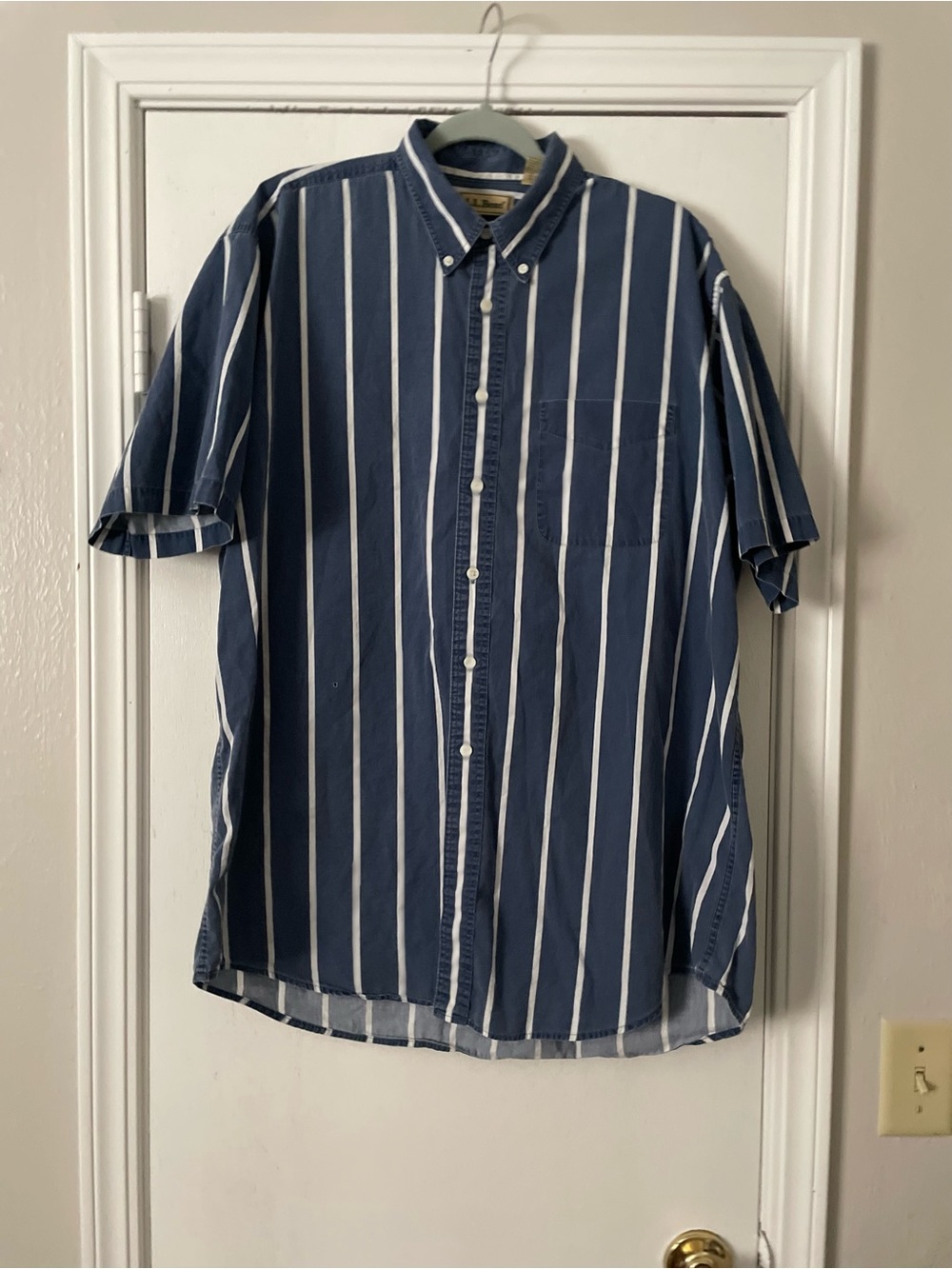 Vintage L.L. Bean Navy and White Vertical Stripe Short-Sleeve Button-Down Shirt